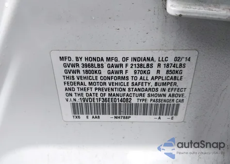 2014 Acura Ilx 2.0L из США, поврежденный, VIN 19VDE1F36EE014082